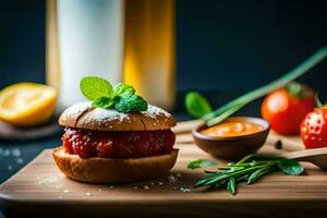 a hamburger with tomato sauce and herbs on a wooden cutting board. AI-Generated photo