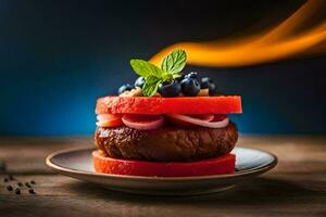 a hamburger with tomatoes, peppers and blueberries. AI-Generated photo