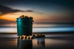 the bucket of nuts on the beach. AI-Generated photo