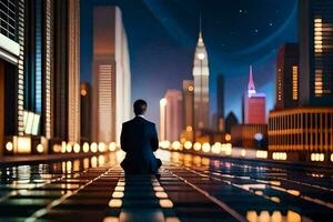 un hombre en un traje se sienta en el suelo en frente de un ciudad a noche. generado por ai foto
