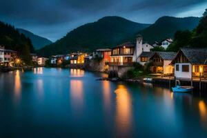 un río en el montañas a noche con casas y barcos generado por ai foto