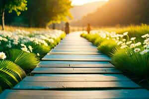 a wooden pathway leads to a field of flowers. AI-Generated photo