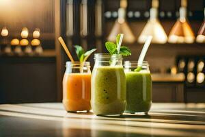 three smoothies in jars on a table. AI-Generated photo