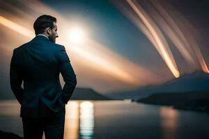 a man in a suit stands in front of a lake at night. AI-Generated photo