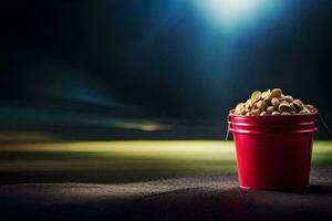 a bucket of peanuts on a table in front of a bright light. AI-Generated photo