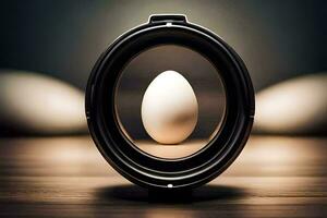 an egg in a lens on a table. AI-Generated photo