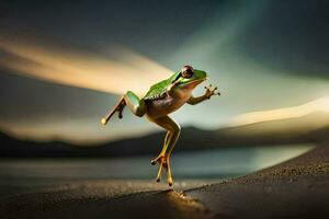 a frog jumping on the beach with light coming from the sky. AI-Generated photo