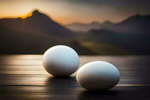 two white eggs on a wooden table with mountains in the background. AI-Generated photo