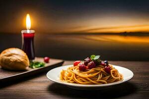 spaghetti with cranberry sauce and bread on a wooden table. AI-Generated photo