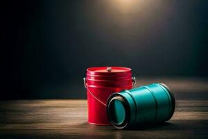 two red and blue cans on a wooden table. AI-Generated photo