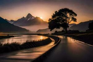 a road leading to a mountain range with the sun setting behind it. AI-Generated photo