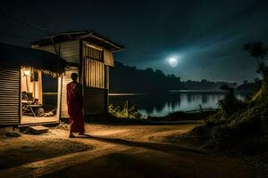 a monk stands outside a hut at night with a full moon in the background. AI-Generated photo