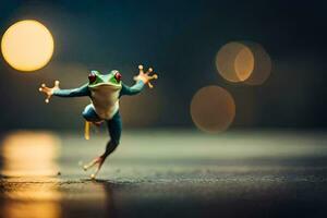 a frog jumping on the ground with its legs spread. AI-Generated photo