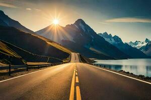 a road leading to a mountain range with the sun shining. AI-Generated photo