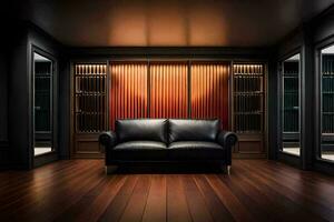 a black leather couch in a room with wood floors. AI-Generated photo