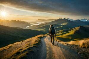 a man walks on a path in the mountains. AI-Generated photo