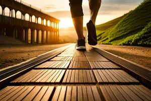 un persona corriendo en un de madera camino a puesta de sol. generado por ai foto