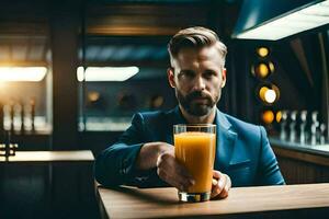 man in suit holding a glass of orange juice. AI-Generated photo