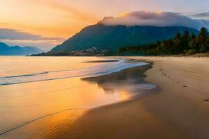 a beach with a mountain in the background at sunset. AI-Generated photo