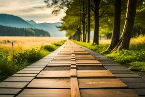 a wooden walkway in the middle of a field. AI-Generated photo
