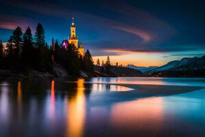 un Iglesia es reflejado en el agua a puesta de sol. generado por ai foto