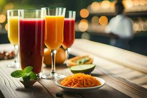 a table with several glasses of juice and vegetables. AI-Generated photo