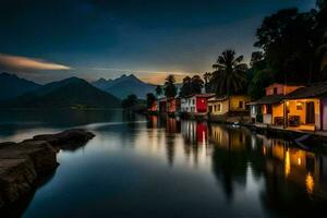 un lago y casas a noche. generado por ai foto