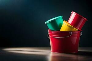 a red bucket with three colorful buckets on a table. AI-Generated photo