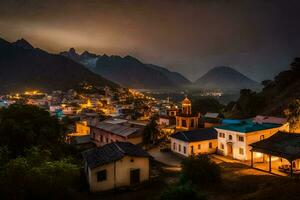 un pueblo iluminado arriba a noche en el montañas. generado por ai foto