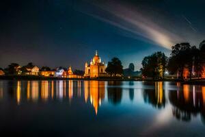 the night sky over a lake with a church in the background. AI-Generated photo