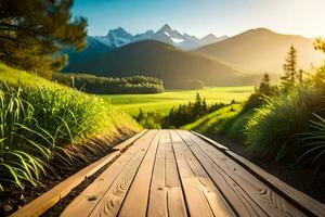 a wooden path leads to a mountain range. AI-Generated photo