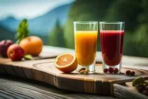 two glasses of juice on a wooden table. AI-Generated photo