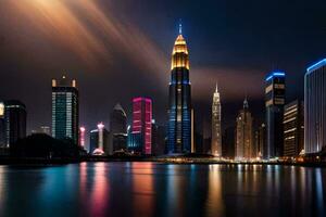 the city skyline at night with lights reflecting off the water. AI-Generated photo