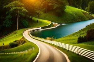 un devanado la carretera con un lago en el medio. generado por ai foto