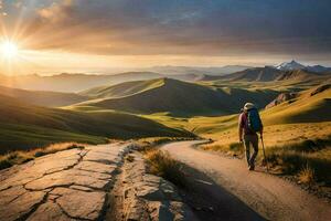a person walking on a path in the mountains. AI-Generated photo