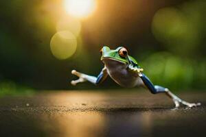 a frog jumping on the ground with a bright sun in the background. AI-Generated photo