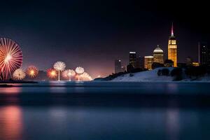 el ciudad horizonte es iluminado arriba a noche con fuegos artificiales. generado por ai foto