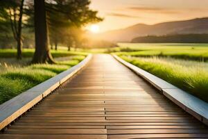 a wooden walkway leads to a grassy field at sunset. AI-Generated photo