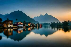 houses on the water at sunset with mountains in the background. AI-Generated photo