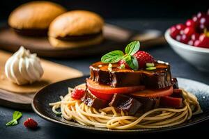 a plate of spaghetti with meat and berries. AI-Generated photo