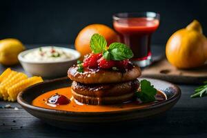 a plate of food with a stack of pancakes and sauce. AI-Generated photo