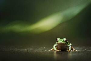 a frog sitting on the ground in front of a blurry background. AI-Generated photo