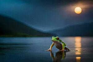 a frog is standing in the water with a full moon behind it. AI-Generated photo