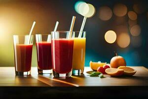 three glasses of juice with straws on a table. AI-Generated photo