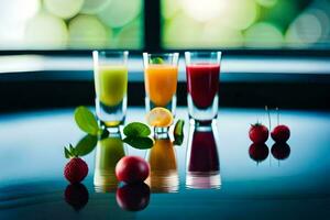 four glasses of juice on a table. AI-Generated photo