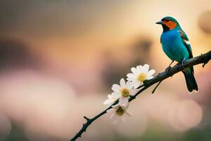 un azul pájaro se sienta en un rama con un flor. generado por ai foto