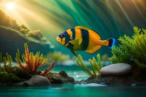 photo wallpaper the sky, fish, rocks, plants, water, sun, fish, rocks,. AI-Generated