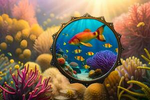 a fish in a frame with coral and other fish. AI-Generated photo