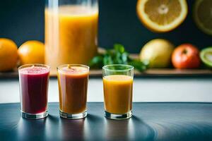 three glasses of juice with oranges and lemons. AI-Generated photo