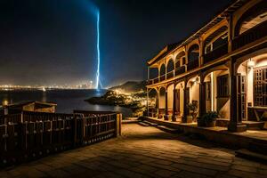 un ligero haz es brillante desde el cielo terminado un edificio. generado por ai foto